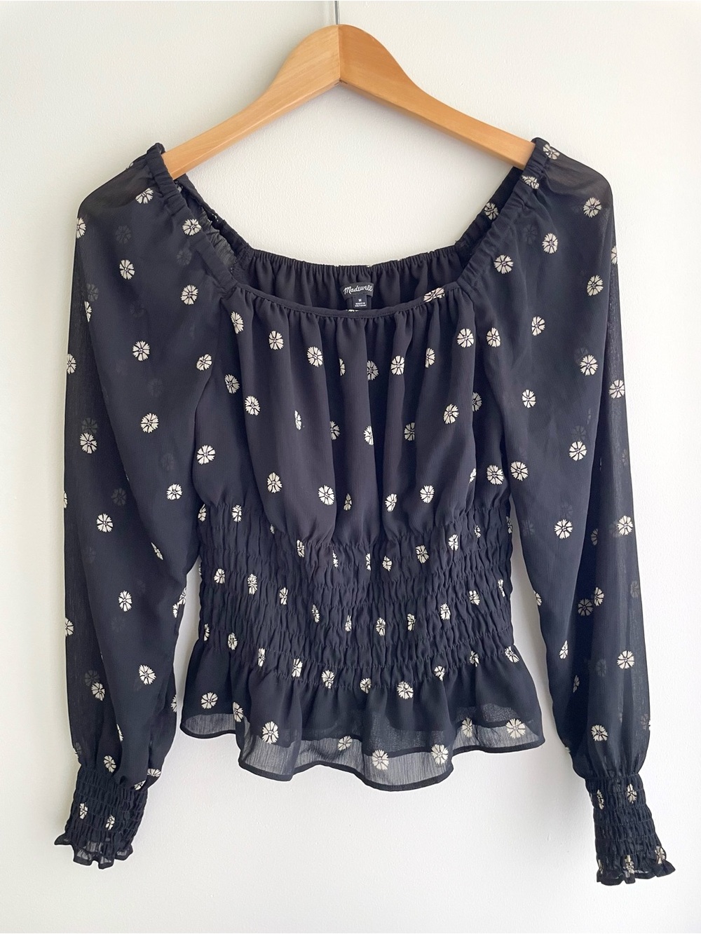 Madewell Black Floral Smocked Peasant Top